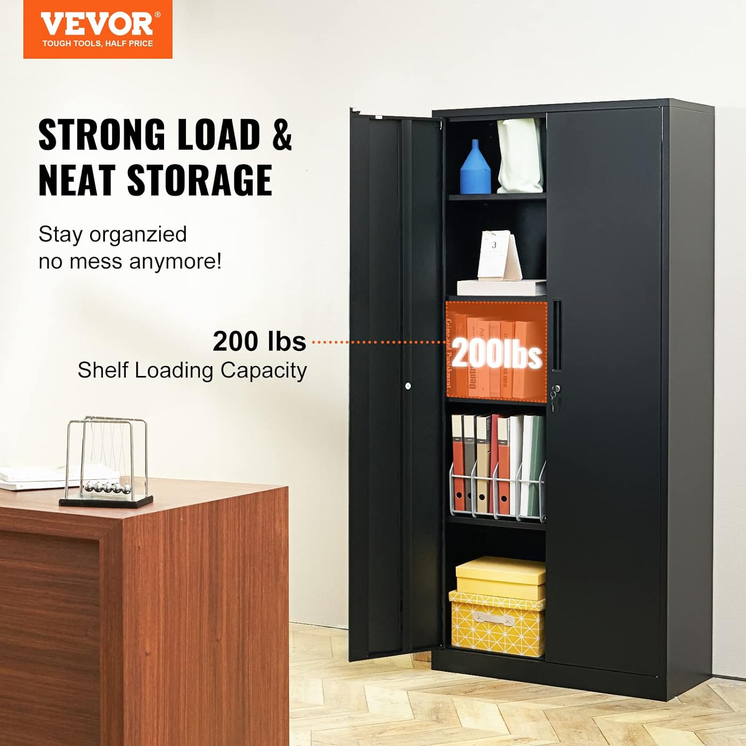 Metal Storage Cabinet with Wheels, 75'' Locking Steel Storage Cabinet with 2 Magnetic Doors and 4 Adjustable Shelves for Office, Garage, Home