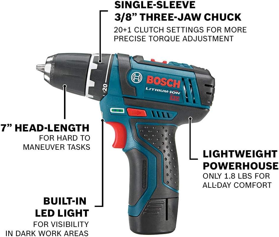 Bosch CLPK22-120 Kit combinado de 2 herramientas de 12 V máx. con Taladro/Atornillador de 3/8", Atornillador de impacto y (2) baterías de 2.0 Ah