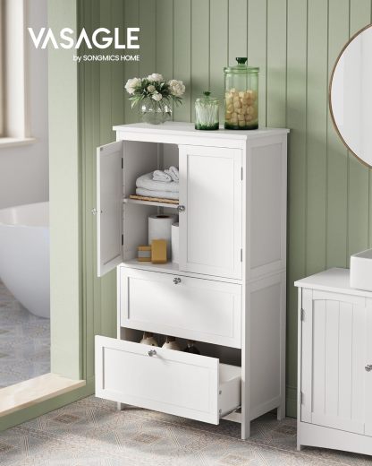VASAGLE - Clóset de almacenamiento para piso de baño, mueble no empotrado, estantes ajustables con 2 cajones y dos puertas, 30 x 60 x 110 cm, blanco, UBBC551P31