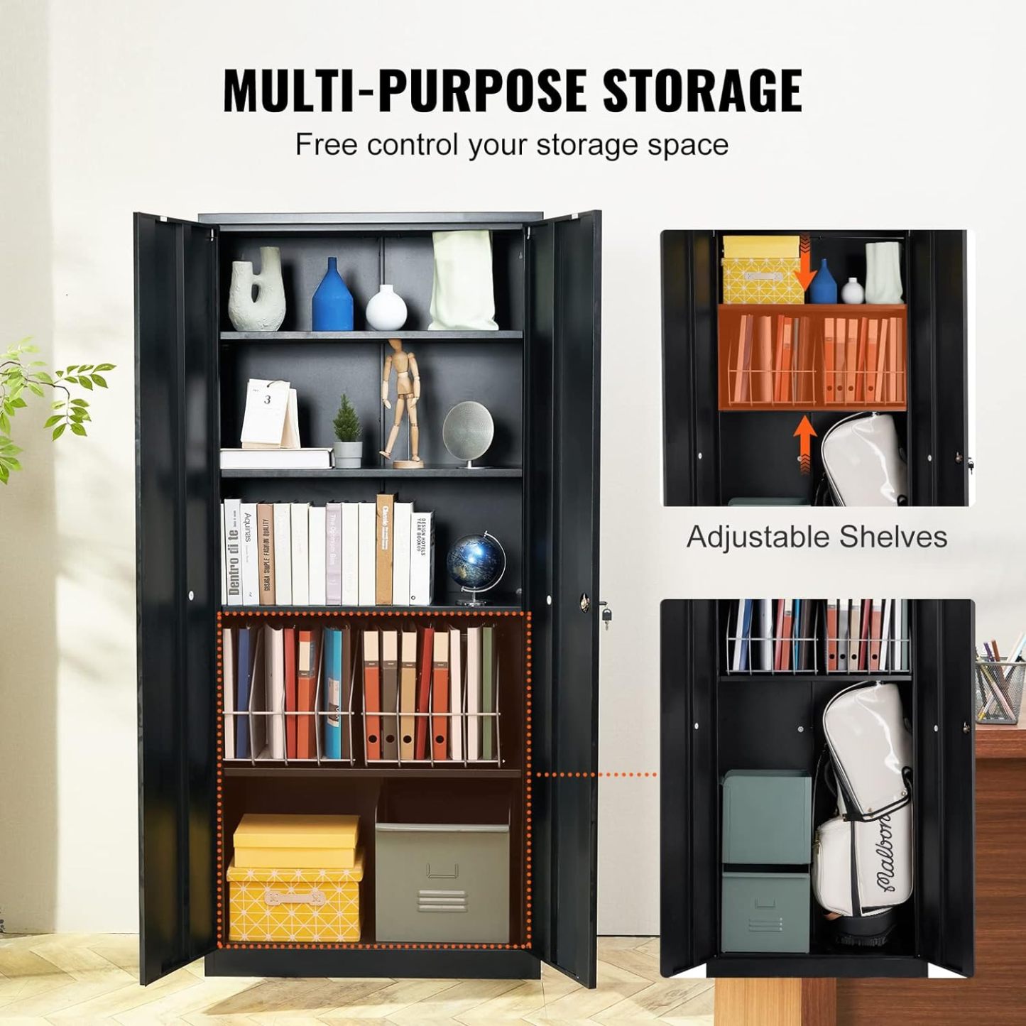 Metal Storage Cabinet with Wheels, 75'' Locking Steel Storage Cabinet with 2 Magnetic Doors and 4 Adjustable Shelves for Office, Garage, Home