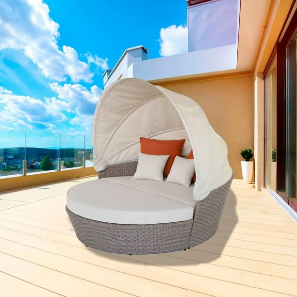 Sofá Lounge para Exterior Importado Tipo Mimbre con Toldo Retráctil