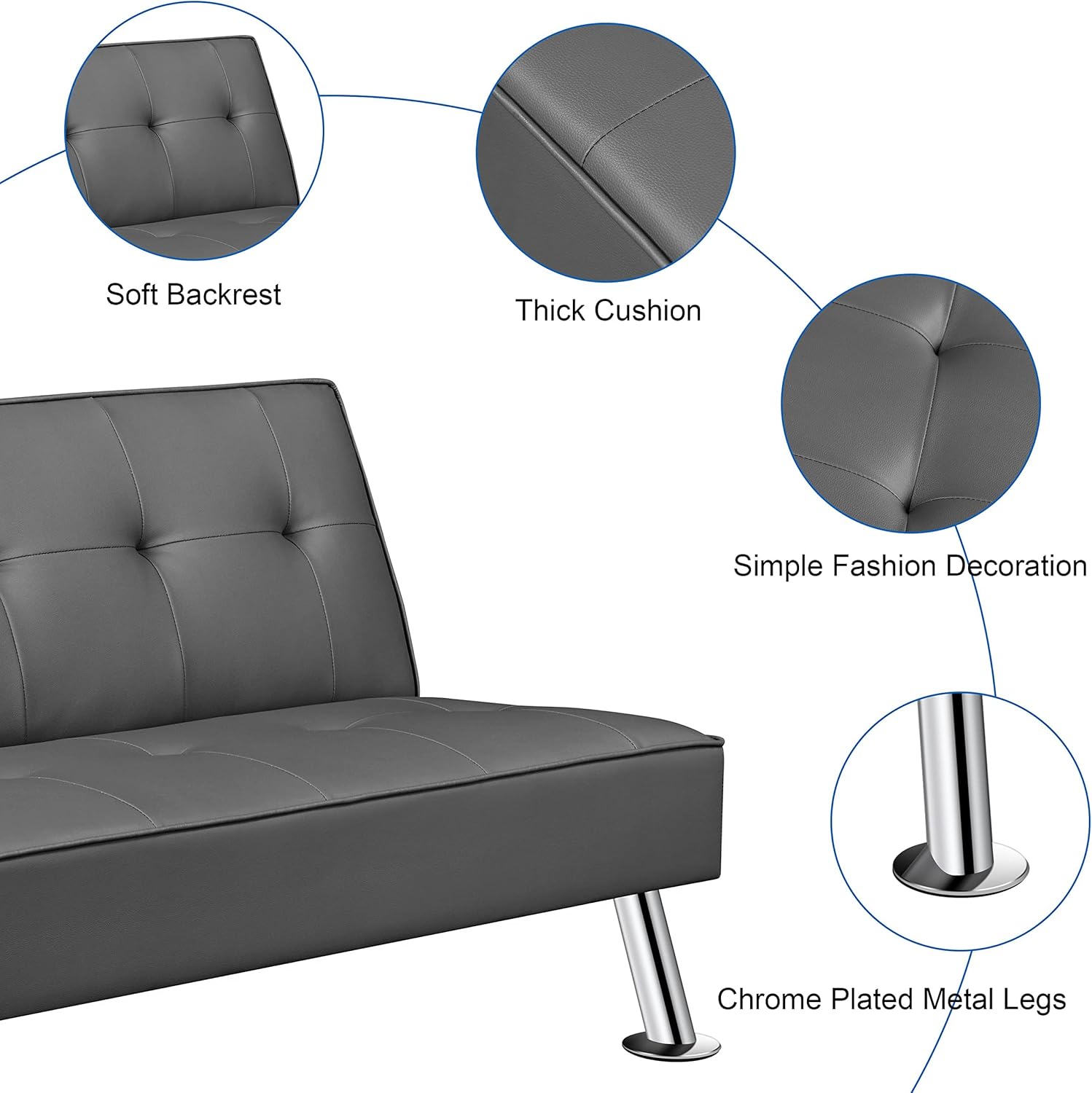 Yaheetech - Sofá Convertible de Piel sintética, sofá Cama, sofá de futón, sofá Ajustable, sofá de futón, Muebles de Sala de Estar con Patas de Metal Chapado en Cromo, Gris