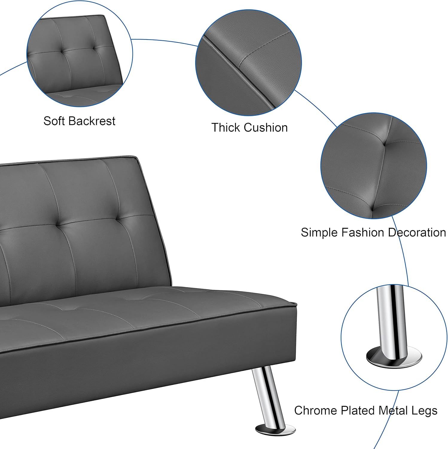 Yaheetech - Sofá Convertible de Piel sintética, sofá Cama, sofá de futón, sofá Ajustable, sofá de futón, Muebles de Sala de Estar con Patas de Metal Chapado en Cromo, Gris