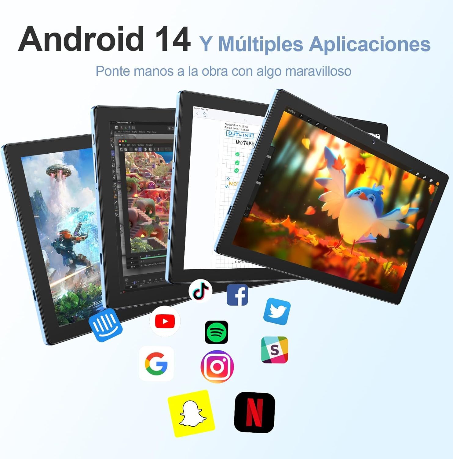 Tablet, Tablets Android 14 de 10.1", 8GB RAM 256GB ROM 1TB Expandible, Octa-core 2.0GHz, 1280x800 IPS HD, Tableta con Cámara Dual de 2MP + 8MP, 8000 mAh Batería, 2025 Tablet con Lapiz, Teclado, Ratón