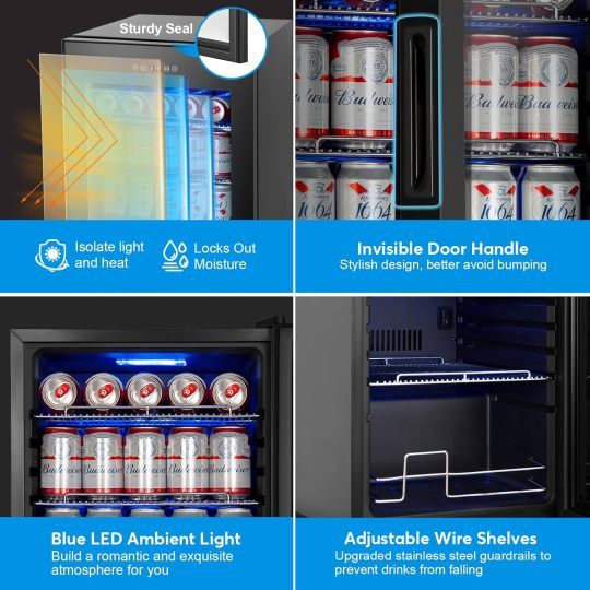 Refrigerador de bebidas de 17 pulgadas de ancho - Enfriador de bebidas para 126 latas con puerta de vidrio | Mini refrigerador para bebidas y cerveza de encimera/independiente | Memoria de temperatura | Puerta invisible |