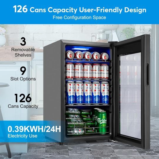 Refrigerador de bebidas de 17 pulgadas de ancho - Enfriador de bebidas para 126 latas con puerta de vidrio | Mini refrigerador para bebidas y cerveza de encimera/independiente | Memoria de temperatura | Puerta invisible |