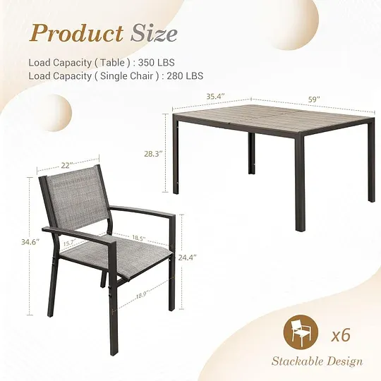 Juego de comedor para patio, 7 piezas, marco de metal, muebles de exterior con 6 sillas de textileno y mesa rectangular, juego de conversación de cocina familiar para patio trasero, césped, terraza (café)