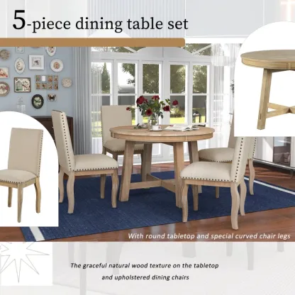 Juego de mesa de comedor de 5 piezas, mesa redonda extensible con base en forma de X y 4 sillas tapizadas, longitud ajustable de 42 a 58 pulgadas