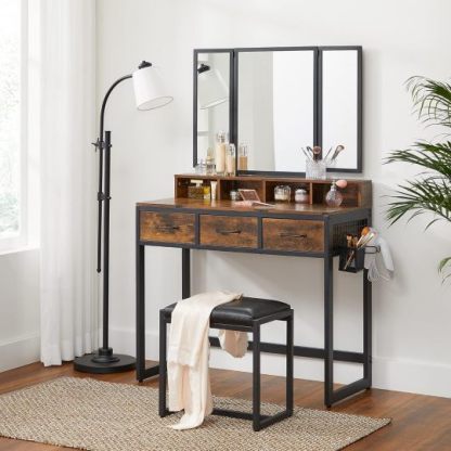 Juego de Mesa de Maquillaje con Espejo Triple, Tocador con Espejo y Taburete, 3 Cajones, Escritorio de Maquillaje, Soporte para Secador, Industrial, Marrón Rústico y Negro RVT004B01