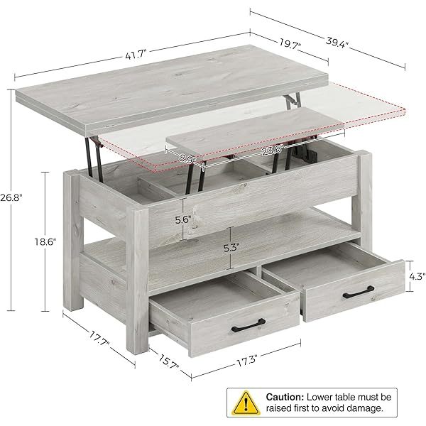 Mesa de centro con cubierta elevable, convertible, multifunción, con cajones y compartimiento oculto, se convierte en mesa de comedor, para sala de estar, oficina en casa, gris