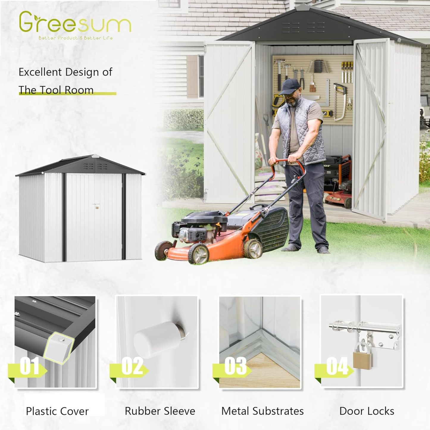 Greesum - Cobertizo de almacenamiento de metal para exteriores, 5 pies x 3 pies, herramienta de acero para cobertizo de almacenamiento con puerta y cerradura, para patio trasero, jardín, patio, césped (5 x 3 pulgadas), color café