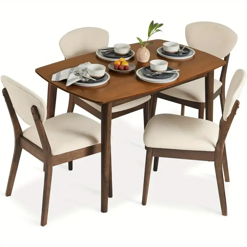 Conjunto de comedor de 5 piezas Best Choice Products, Set de mesa y sillas compactas de mediados de siglo para el hogar, apartamento con 4 sillas, asientos y respaldos acolchados, marco de madera - Crema/Nogal