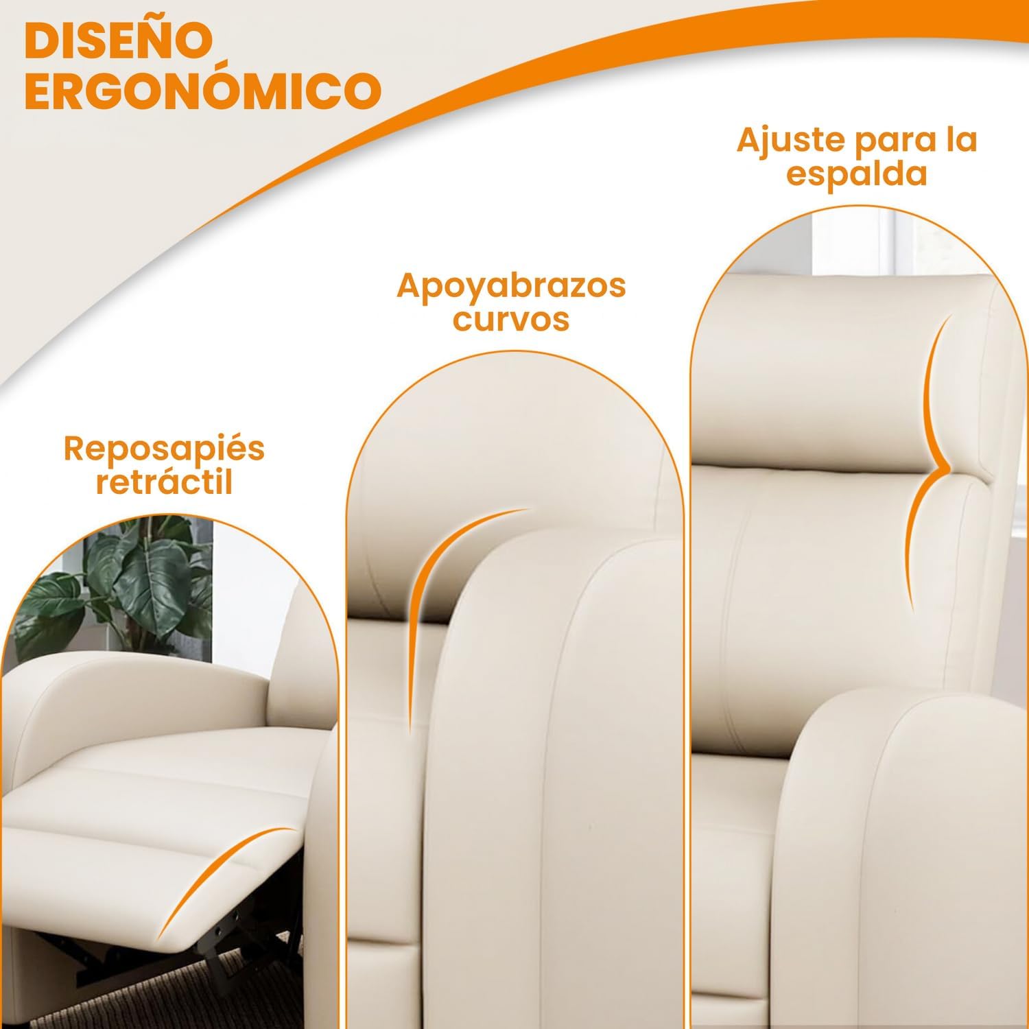 FABATO Sillon Individual-Sillon Reclinable Adultos Tipo Cine 8 Modos de Masaje con Soporte Lumbar, Reposapiés Retráctil y 3 Posiciones -Tu Mecedora Adulto de Cuero Ideal para tu casa (Crema)