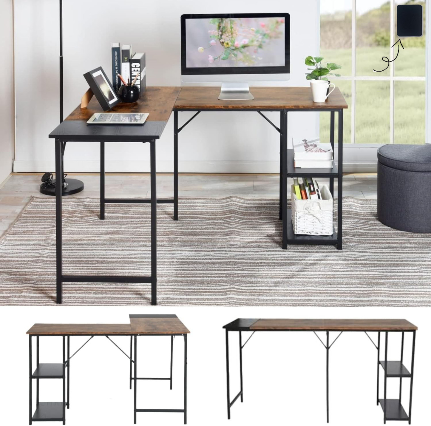GOMYHOME Escritorio para computadora en Forma de L Escritorio para Juegos de computadora Estación de Trabajo para Escritura Cinturón de Estudio para Oficina en casa Escritorio Grande de 124 cm (Negro)