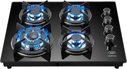 AVERA Parrilla de gas 3 quemadores Premium, Superficie de vidrio templado 60 cm, Soportes Hierro fundido, Encendido Electronico, Estufa Empotrable para Gas LP y Natural, Incluye espreas | VT3