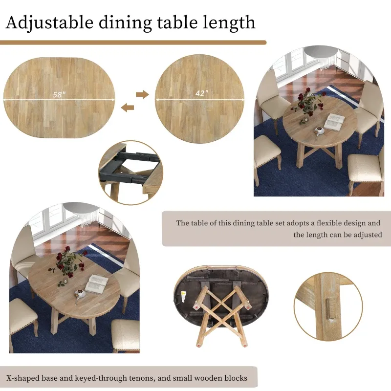Juego de mesa de comedor de 5 piezas, mesa redonda extensible con base en forma de X y 4 sillas tapizadas, longitud ajustable de 42 a 58 pulgadas