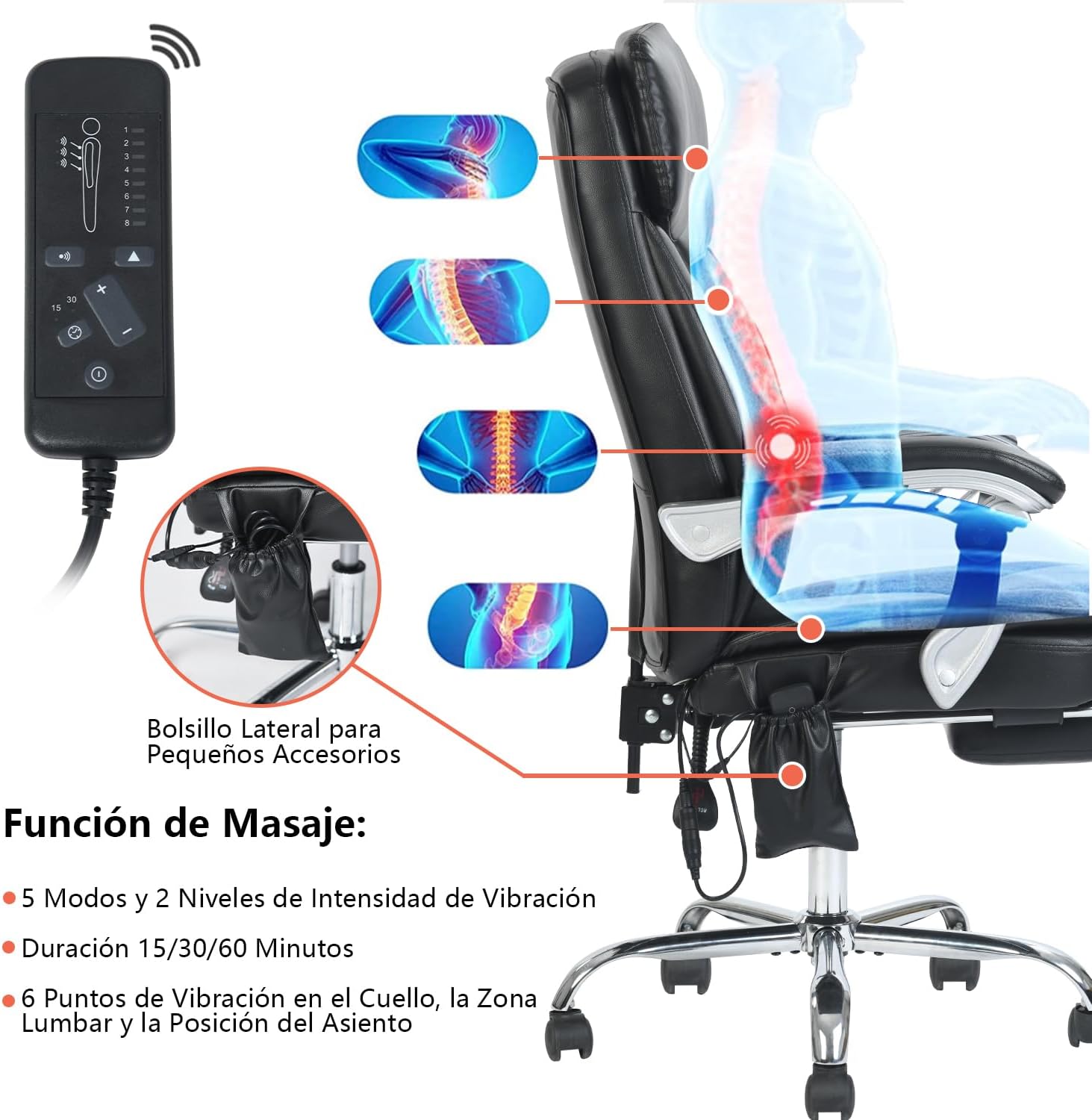 Silla Oficina Masaje con Respaldo Alto y 6 Puntos Masaje, Silla Escritorio Ejecutiva Ergonómica con Reposapiés y Apoyabrazos, Altura del Asiento Ajustable, Negro