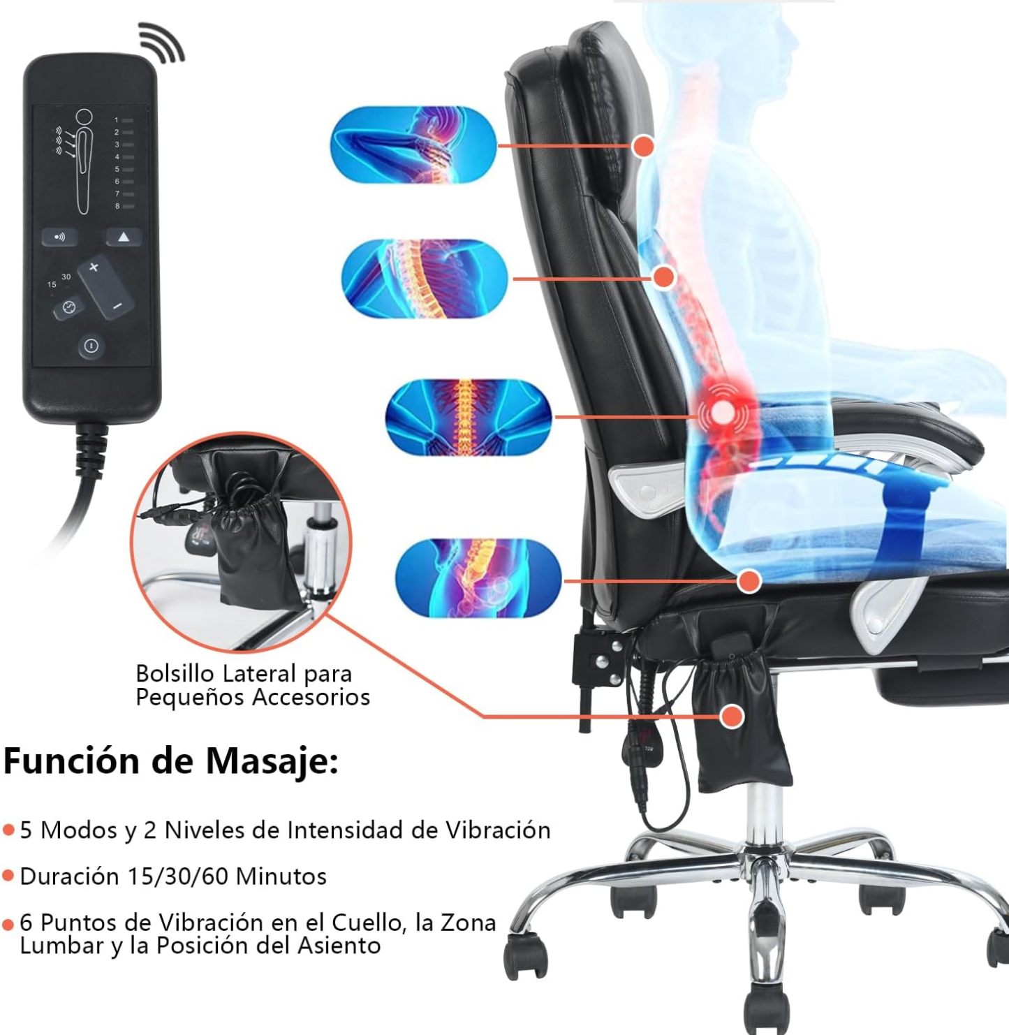 Silla Oficina Masaje con Respaldo Alto y 6 Puntos Masaje, Silla Escritorio Ejecutiva Ergonómica con Reposapiés y Apoyabrazos, Altura del Asiento Ajustable, Negro