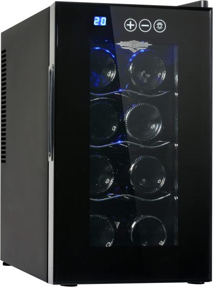 RACK & PACK Cava de Vinos para 8 Botellas 3 Rejillas Control de Temperatura Digital Iluminacion Led Azul Enfriador de Vinos Refrigerador para Vino Frigobar 8 – 18° C 55 W 22 L sin Vibraciones