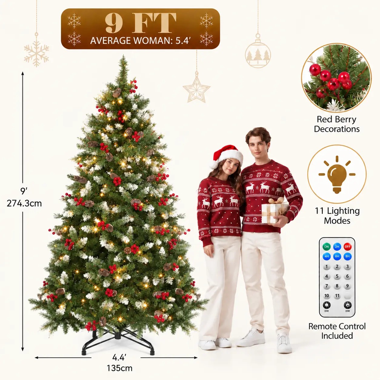 【11 modos de iluminación】 Árbol de Navidad artificial YITAHOME (disponible en 4,5 / 6 / 7,5 / 9 pies) con puntas de PVC y luces de color blanco cálido; ideal para la decoración del hogar o la oficina.