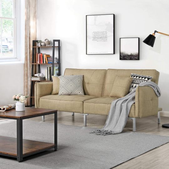 Yaheetech Sofá cama convertible moderno futón sofás, cama plegable y abajo, tela de lino reclinable para sala de estar, color gris-almohada