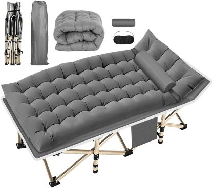 Kayoosi Catre Camastro Plegable Acampar, 190*80CM Cama Plegable Portátil con Cojines de Algodón, Almohadas y Bolsa de Almacenamiento. Cama de Camping Plegable para Ocio en Interiores y Camping (Gris)