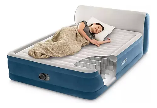 Colchon Inflable Intex Queen Dura-beam Con Cabecera Y Bomba Color Gris Con Azul