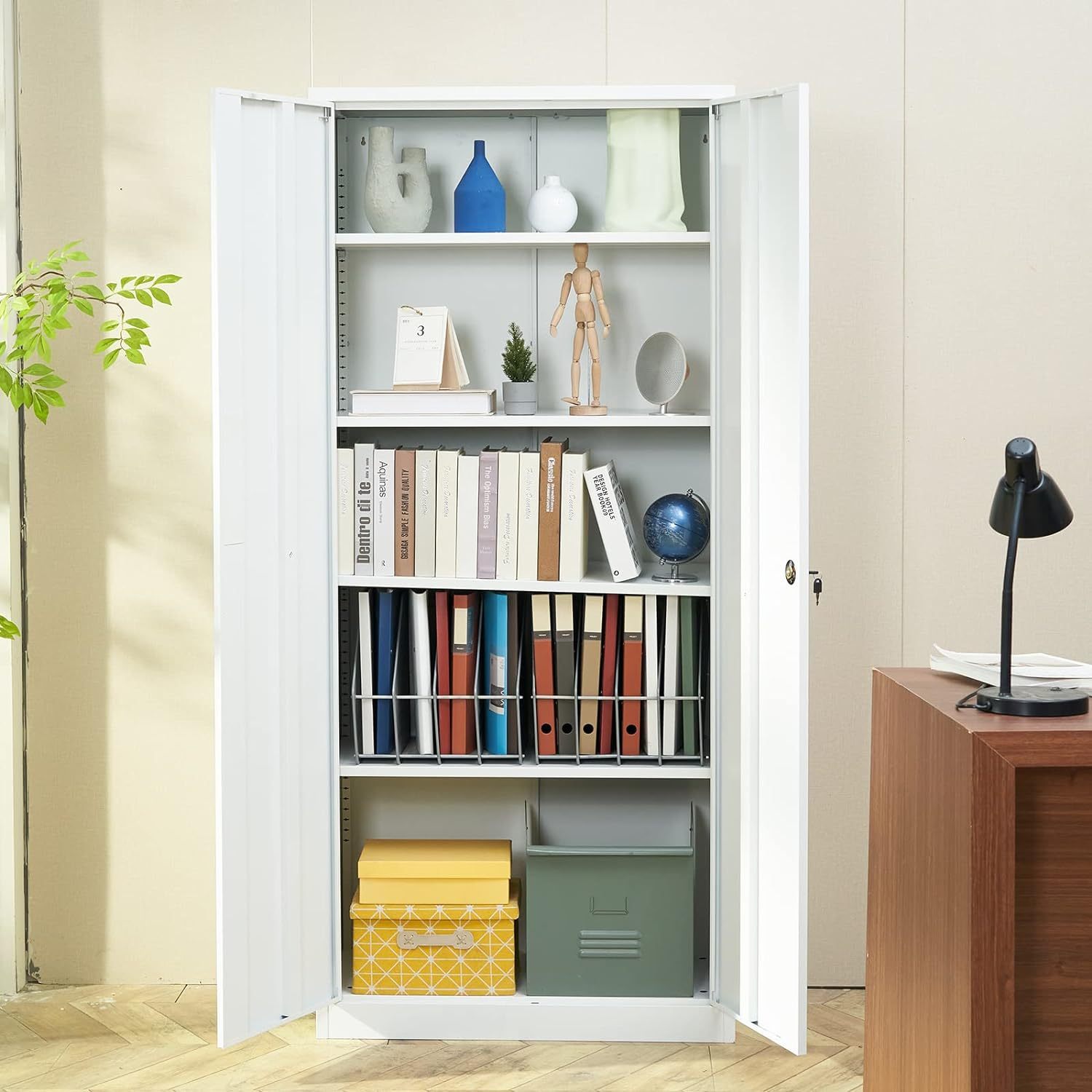 Metal Storage Cabinet with Wheels, 75'' Locking Steel Storage Cabinet with 2 Magnetic Doors and 4 Adjustable Shelves for Office, Garage, Home