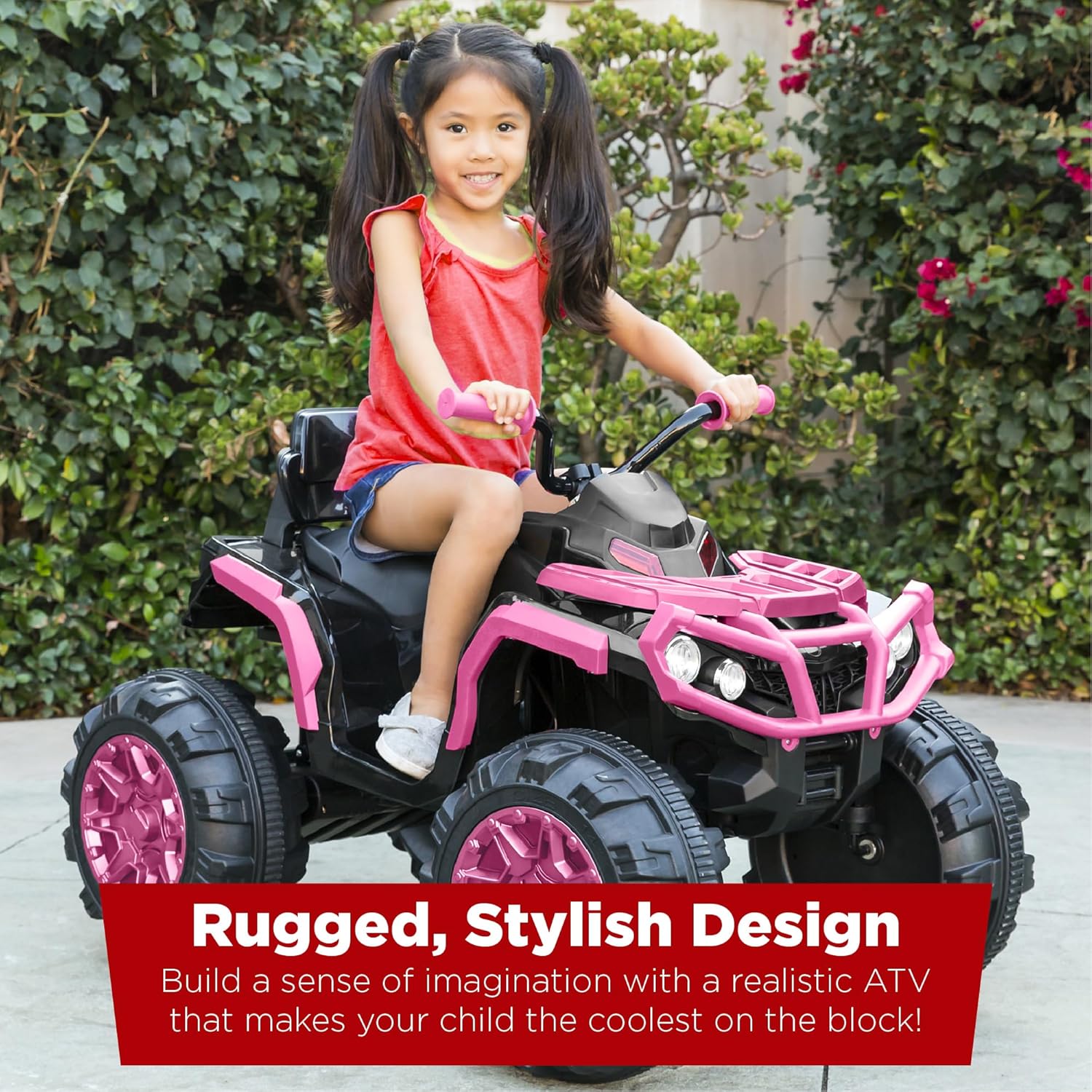 Best Choice Products 12V ATV eléctrico para niños de 4 ruedas con audio Bluetooth, velocidad máxima de 3.7 mph, neumáticos con banda de rodadura, faros LED, radio, color negro