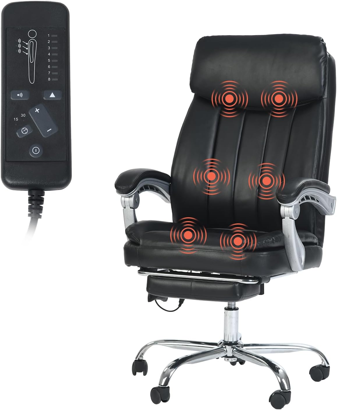 Silla Oficina Masaje con Respaldo Alto y 6 Puntos Masaje, Silla Escritorio Ejecutiva Ergonómica con Reposapiés y Apoyabrazos, Altura del Asiento Ajustable, Negro