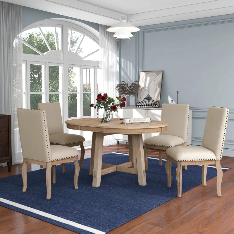 Juego de mesa de comedor de 5 piezas, mesa redonda extensible con base en forma de X y 4 sillas tapizadas, longitud ajustable de 42 a 58 pulgadas