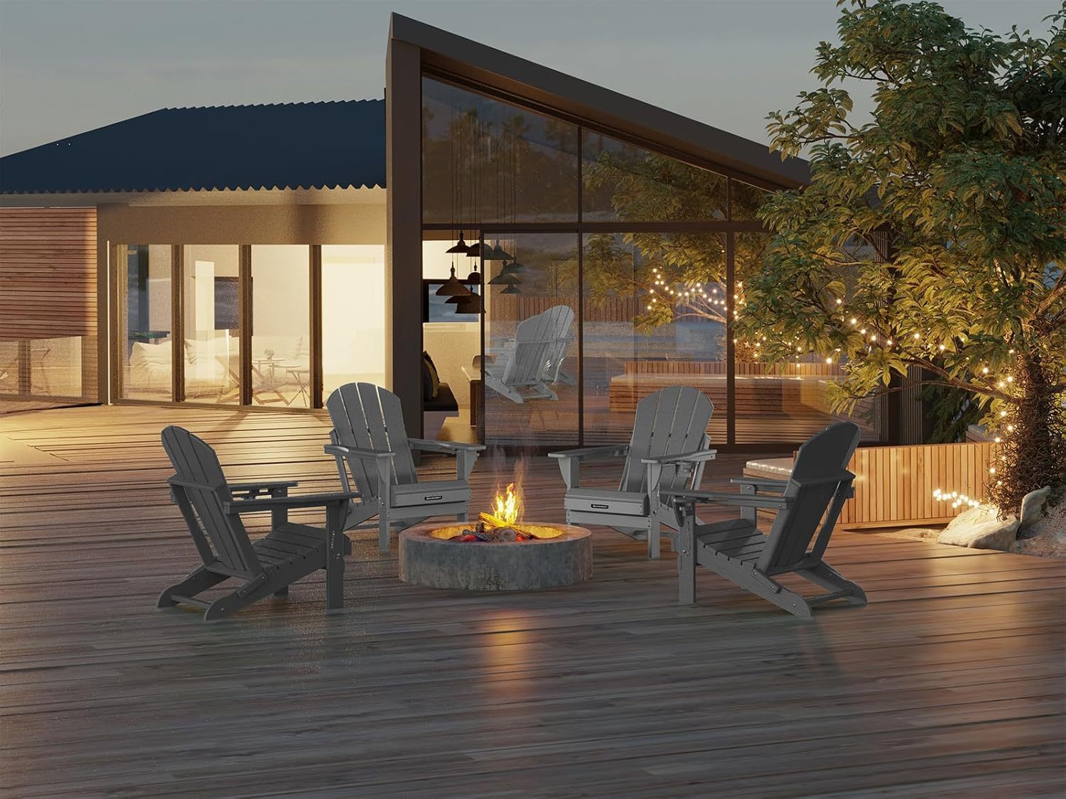 MUCHENGHY Sillas plegables Adirondack, sillas de patio, sillas para hogueras, sillas de exterior, sillas Adirondack de plástico, sillas de césped resistentes a la intemperie con portavasos para terraza, patio trasero, jardín (negro)