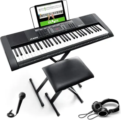 Alesis Melody 61 - Piano eléctrico con 61 teclas, Teclado Musical con altavoces, audífonos, micrófono, soporte para piano, atril y taburete