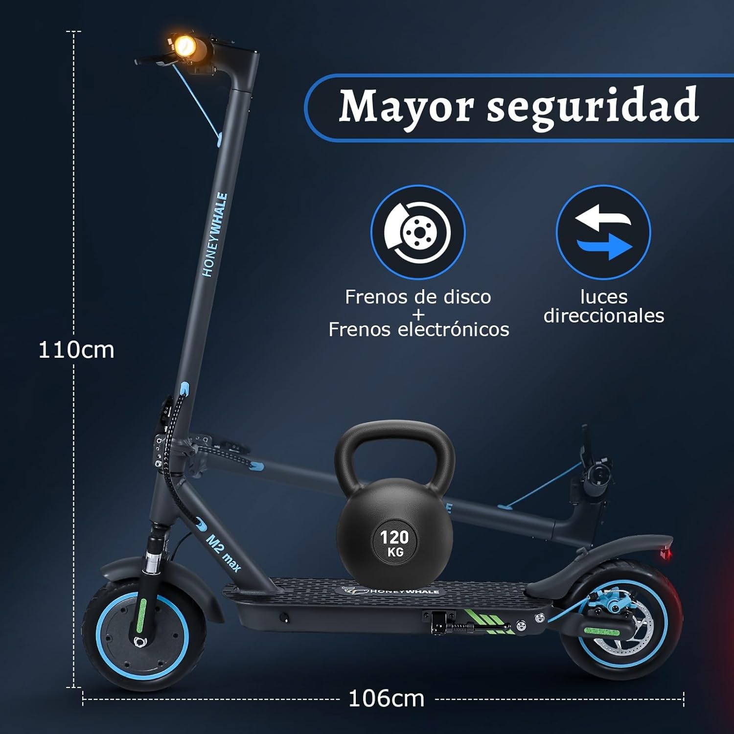 HONEYWHALE M2 MAX Scooter Eléctrico Plegable para Adultos, Motor de 500 W de Potencia Máxima, Velocidad Máxima 32KM/H, 22KM con Una Carga Completa, Patin Eléctrico con App Control Bluetooth