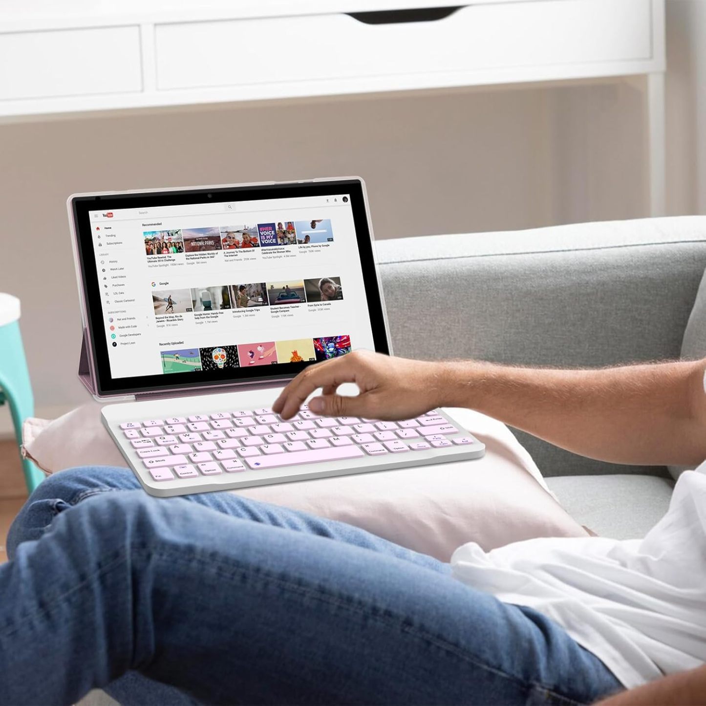 Tablet con teclado 2 en 1, Android 11, 10.1 pulgadas FHD, con teclado/mouse/funda/lápiz capacitivo/película templada, 64 GB+2 GB, Wi-Fi, cámara dual 8 MP, procesador quad core, batería 6,000 mAh, rosa