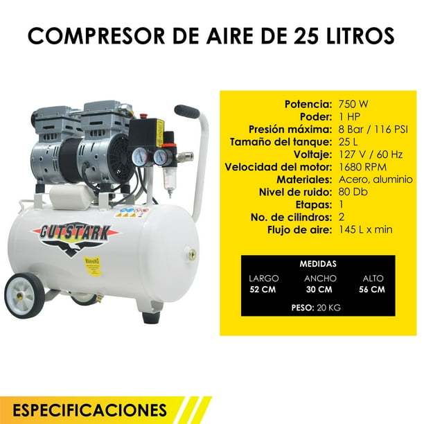 Compresor Dental Aire 1 HP 25 L Gutstark Home Silencioso 127v 2 Pistones 116 Psi Libre Aceite