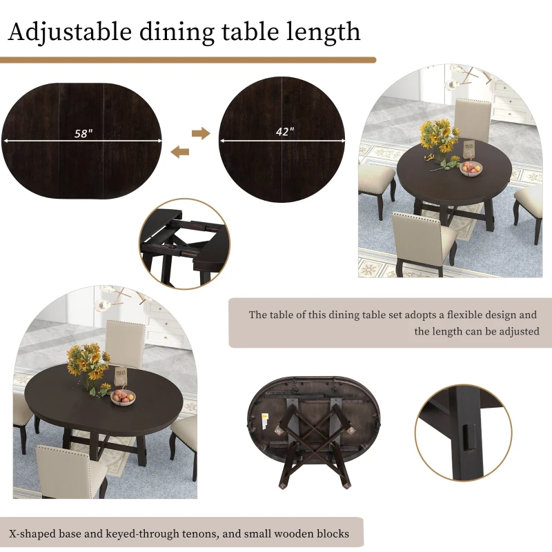 Juego de mesa de comedor de 5 piezas, mesa redonda extensible con base en forma de X y 4 sillas tapizadas, longitud ajustable de 42 a 58 pulgadas