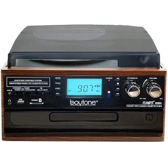 BT-22MS 9-in-1 Wireless Connection Multimedia Turntable System – Mahogany with Silver Knob