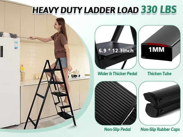Escalera plegable de 5 peldaños de carga de 350 libras para el hogar/interior, escalera alta de cocina/clóset para adultos, escalera ligera compacta con pedal ancho antideslizante, color