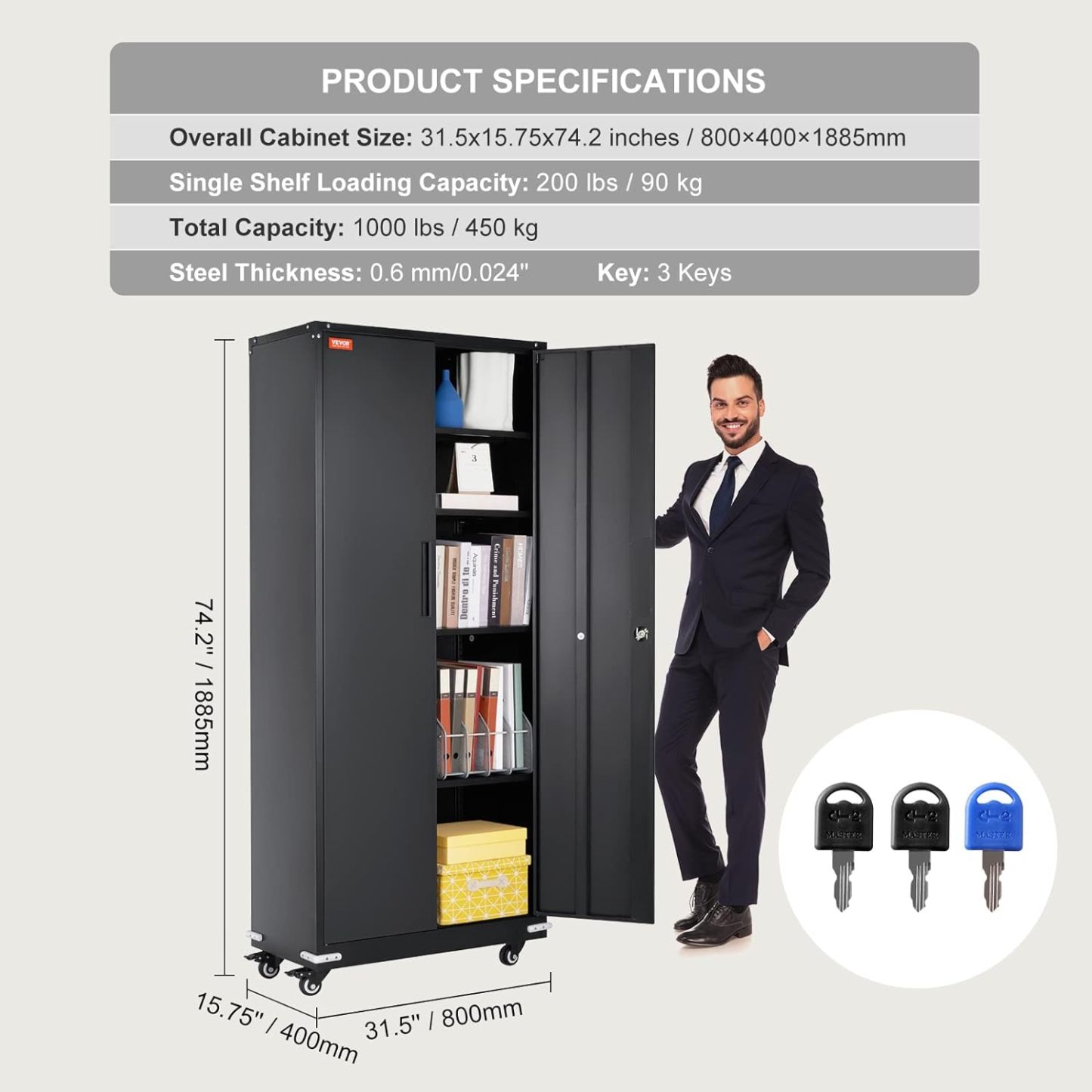 Metal Storage Cabinet with Wheels, 75'' Locking Steel Storage Cabinet with 2 Magnetic Doors and 4 Adjustable Shelves for Office, Garage, Home