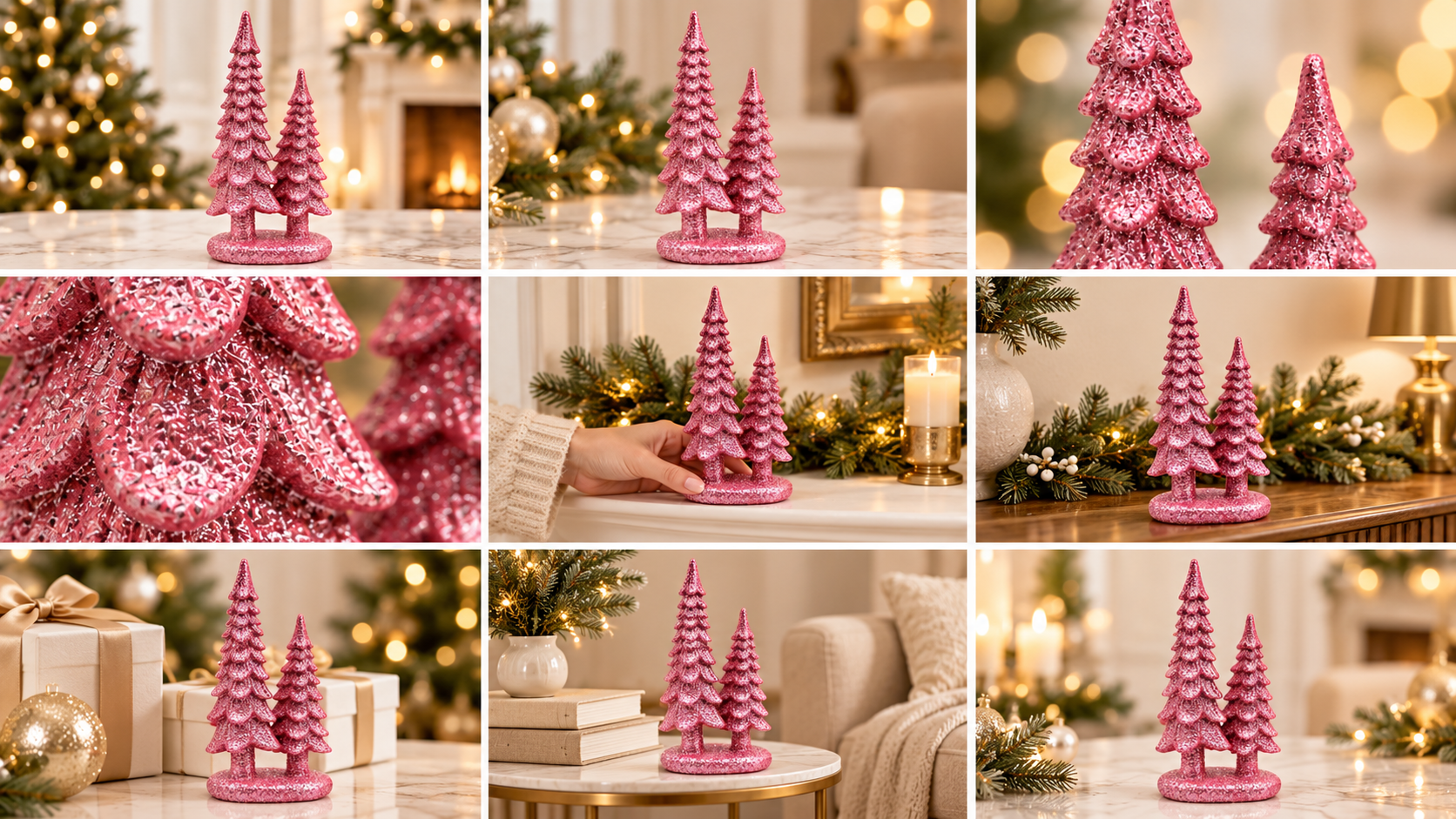 Set of 4 Pink 7-Inch Resin Christmas Tree Figurines Xmas Decorations