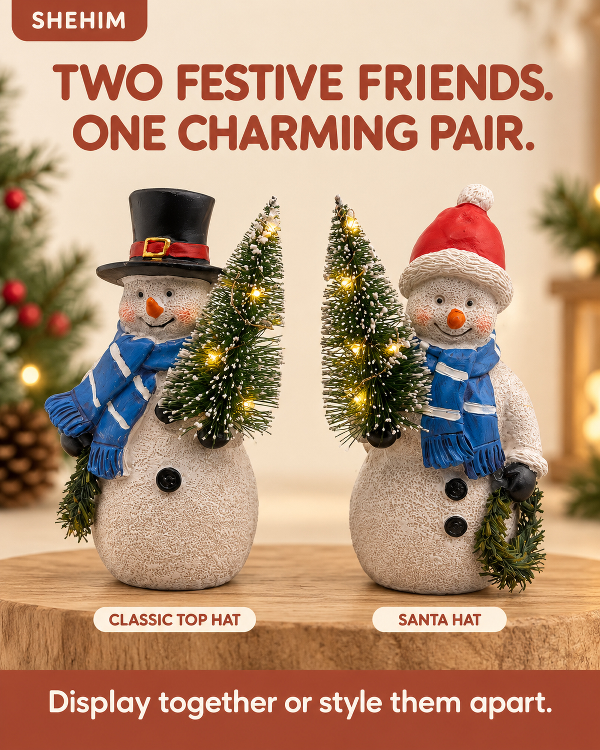 Ayn Craft Christmas Decorations Indoor Lighted Resin Snowman Figurines Duo 5.3'' Tall