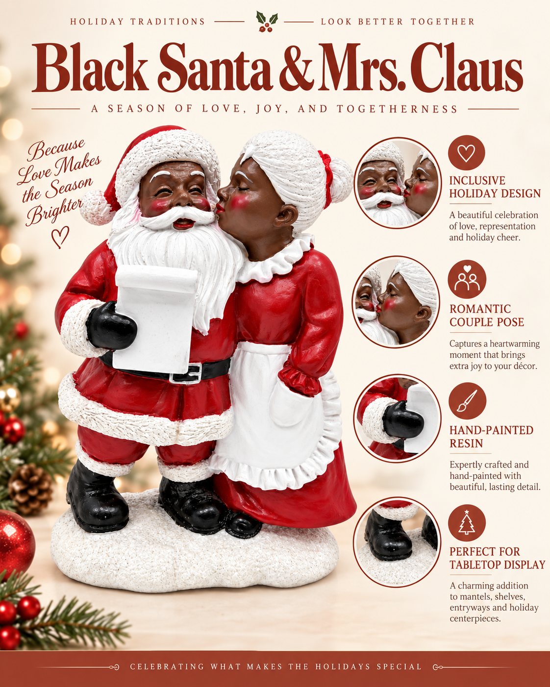 8-Inch African American Santa & Mrs. Claus Resin Christmas Figurine