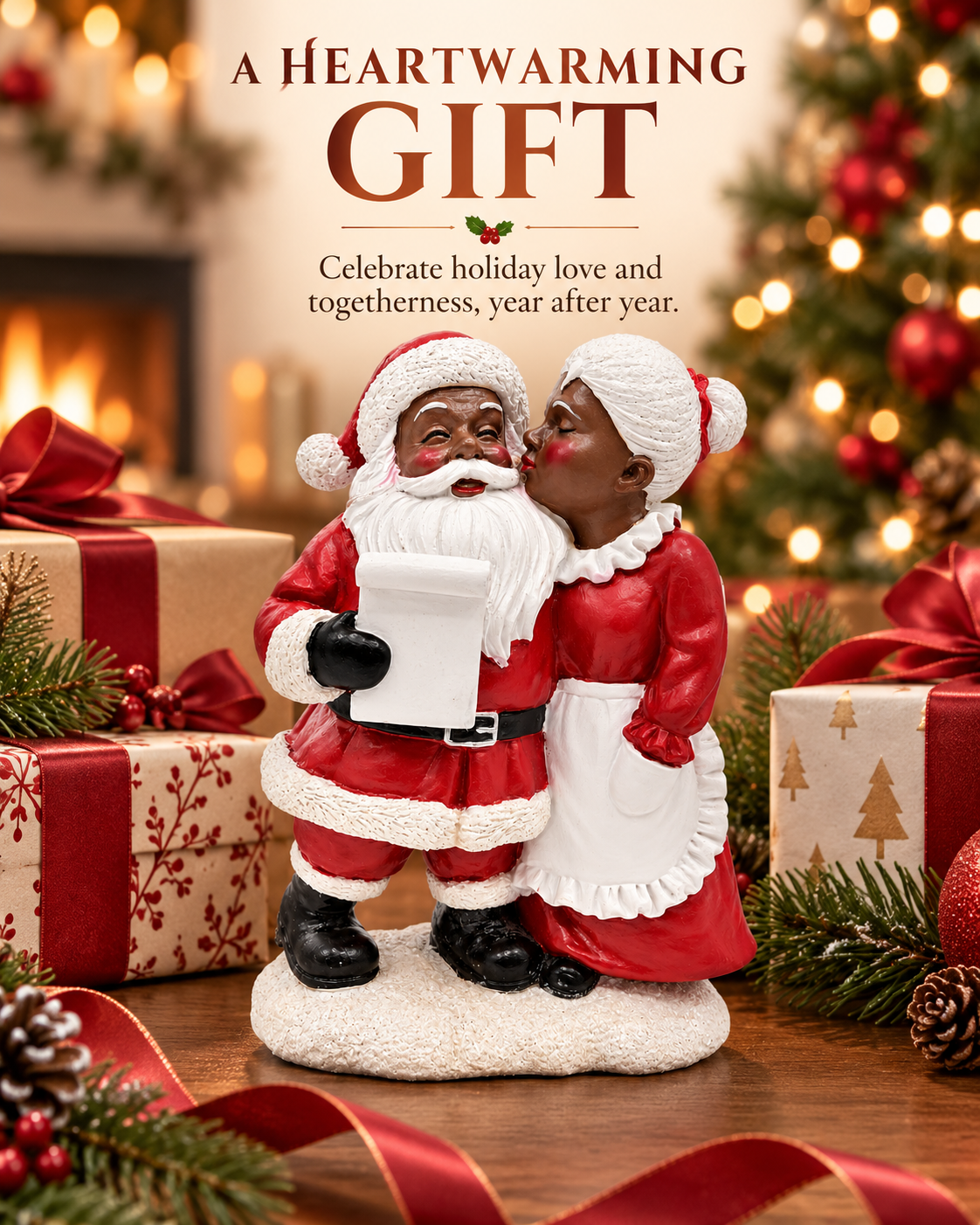  8-Inch African American Santa & Mrs. Claus Resin Christmas Figurine