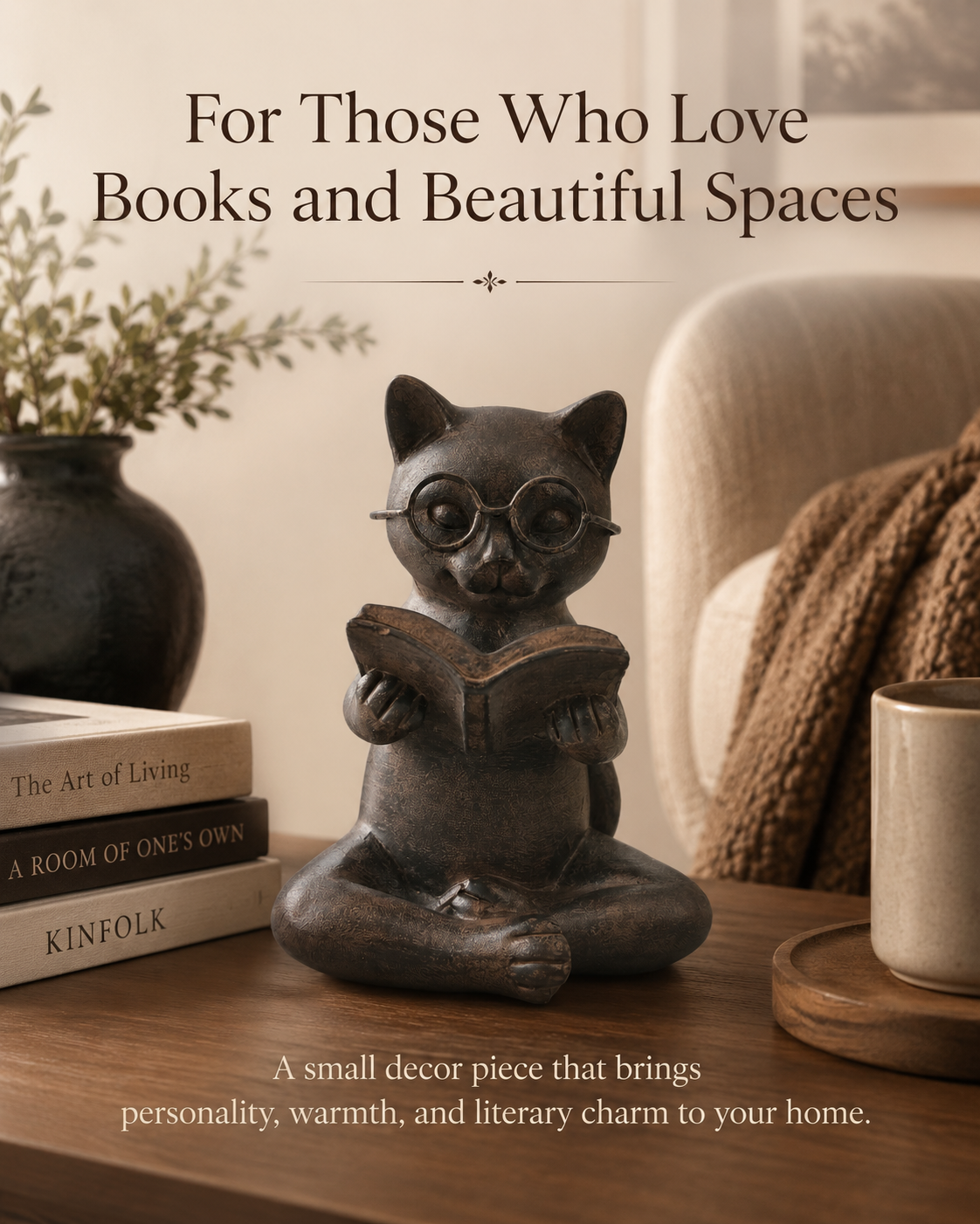 Bronze Cat Figurine Reading Book, Resin Home Décor 