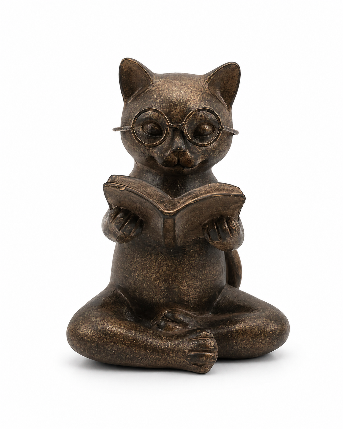 Bronze Cat Figurine Reading Book, Resin Home Décor 