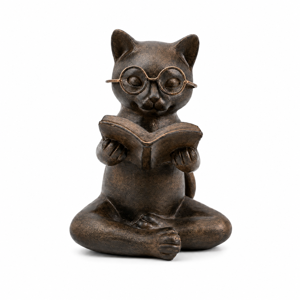 Bronze Cat Figurine Reading Book, Resin Home Décor 