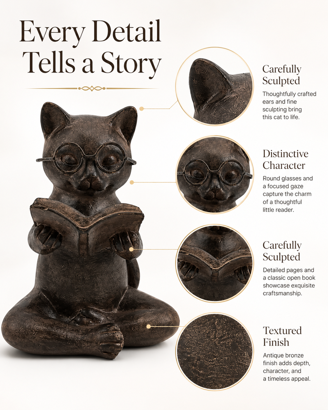 Bronze Cat Figurine Reading Book, Resin Home Décor 