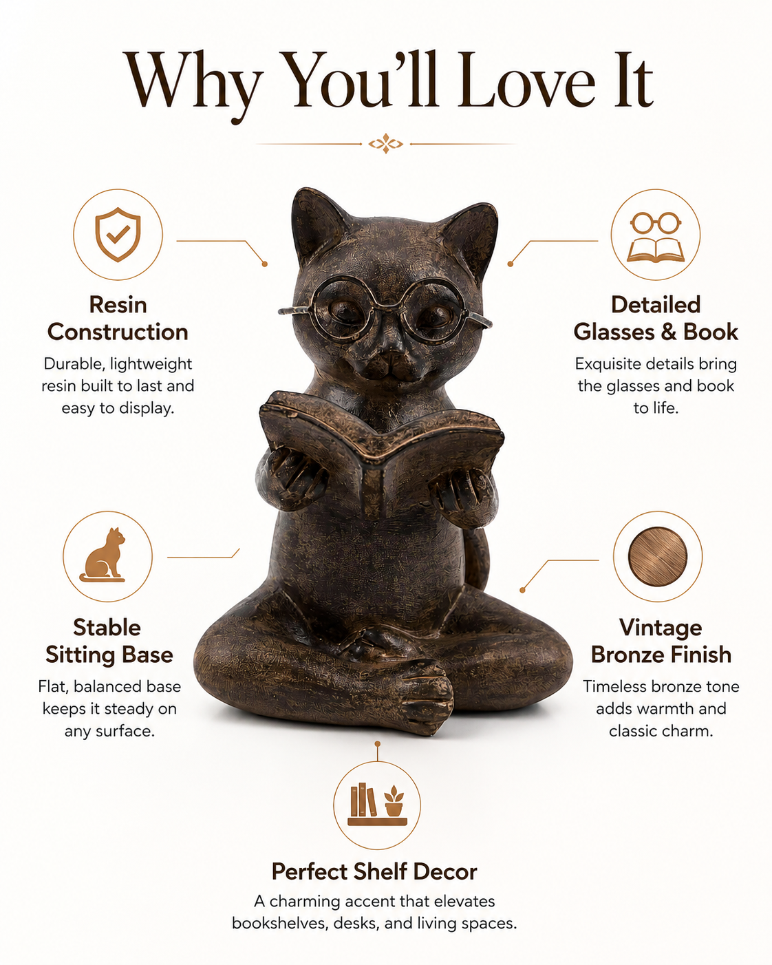 Bronze Cat Figurine Reading Book, Resin Home Décor 