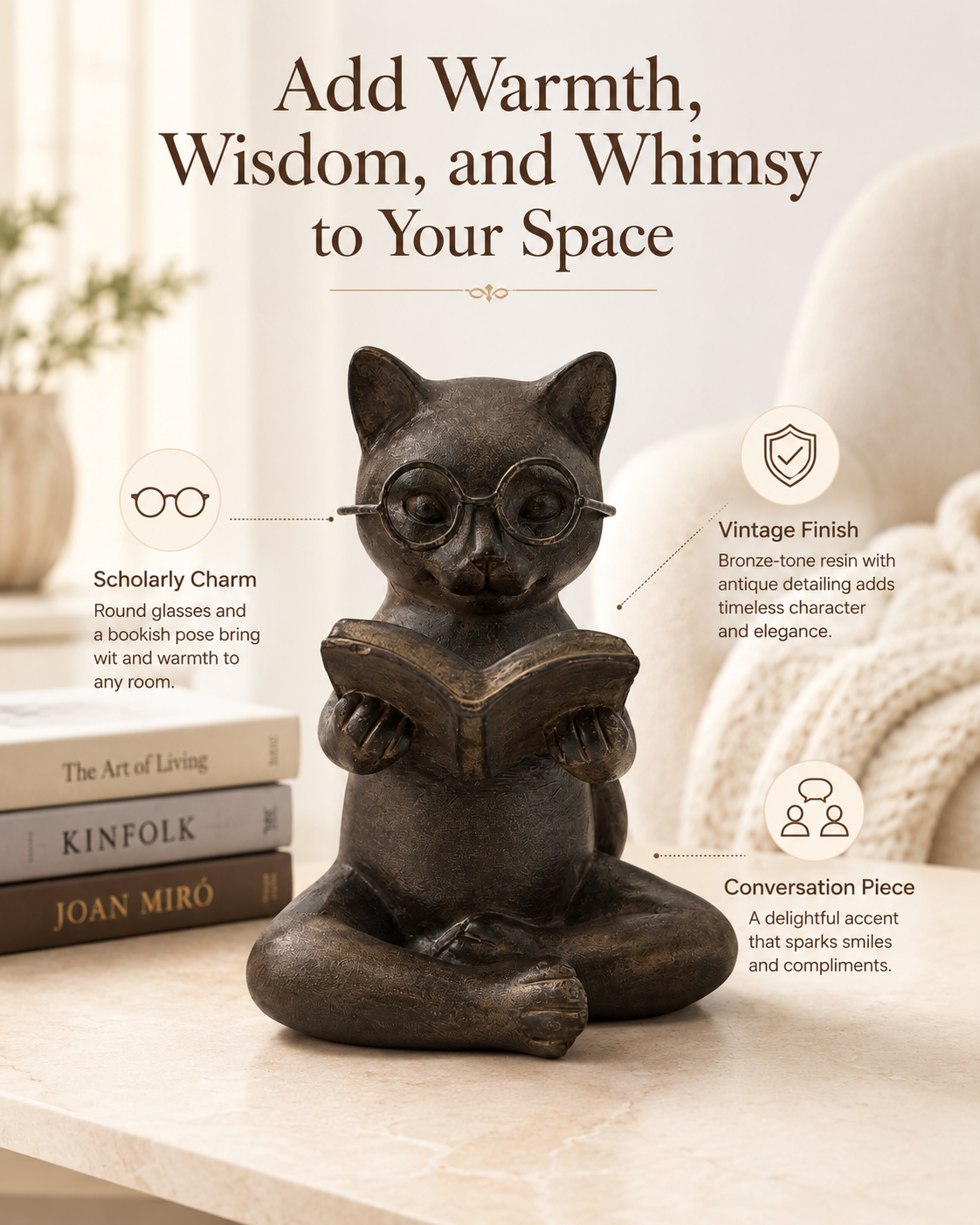Bronze Cat Figurine Reading Book, Resin Home Décor 